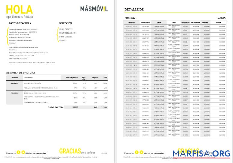 Downloadable Spain Masmovil internet utility bill Word and PDF formats, 6 pages template